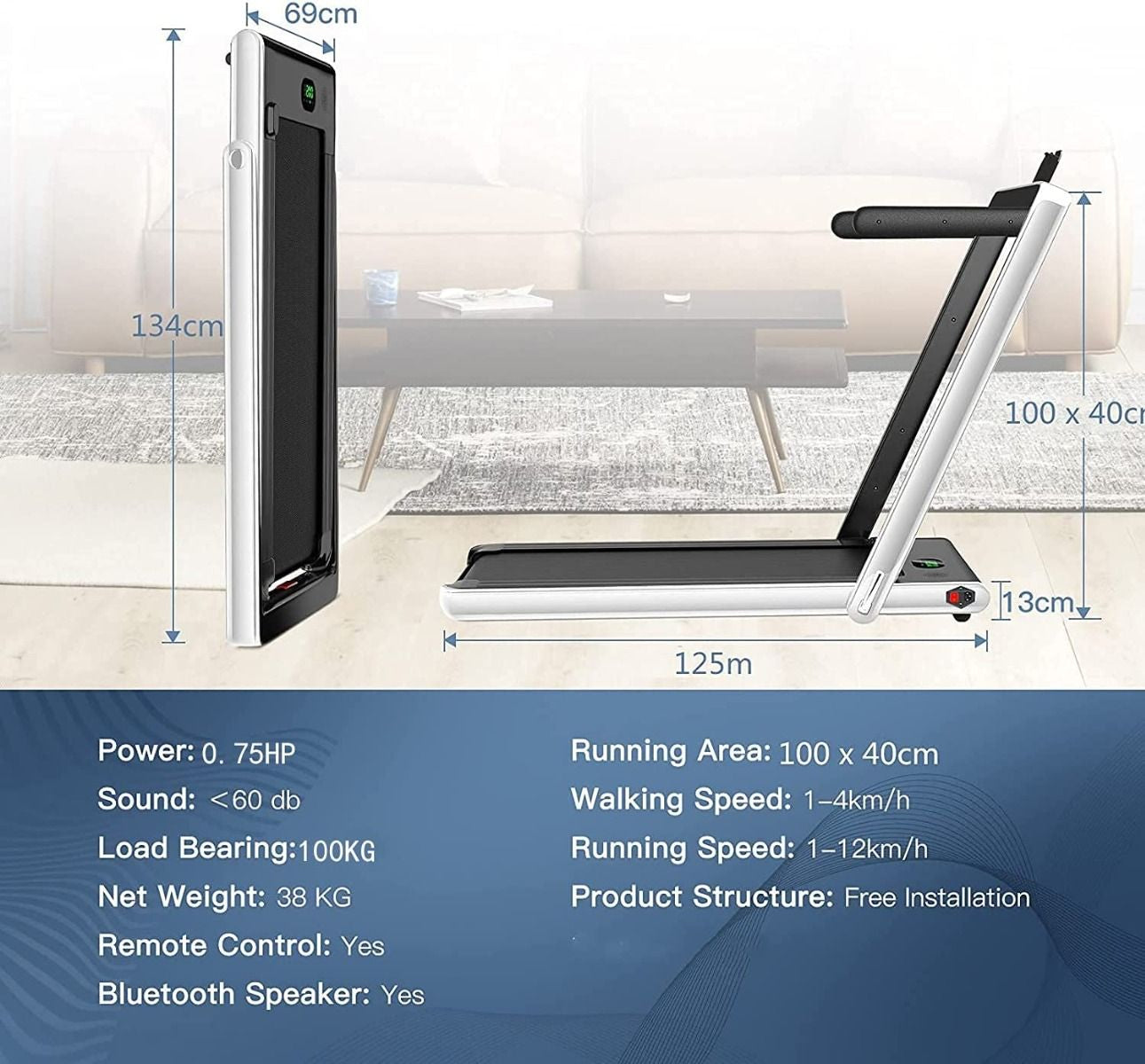1-12Kph Folding Electric Treadmill with Bluetooth Capability